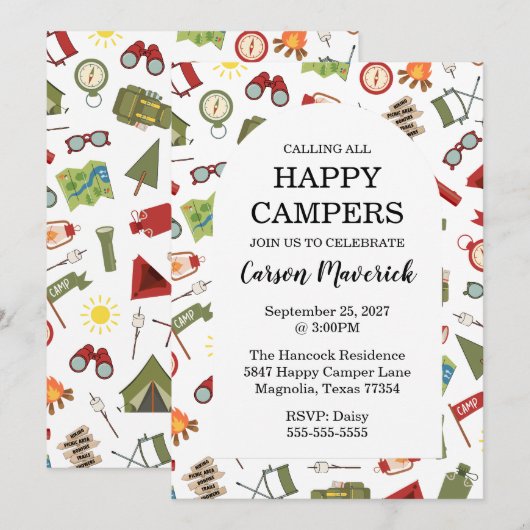 Calling All Happy Campers Kids Birthday 招待状 (正面/裏面)