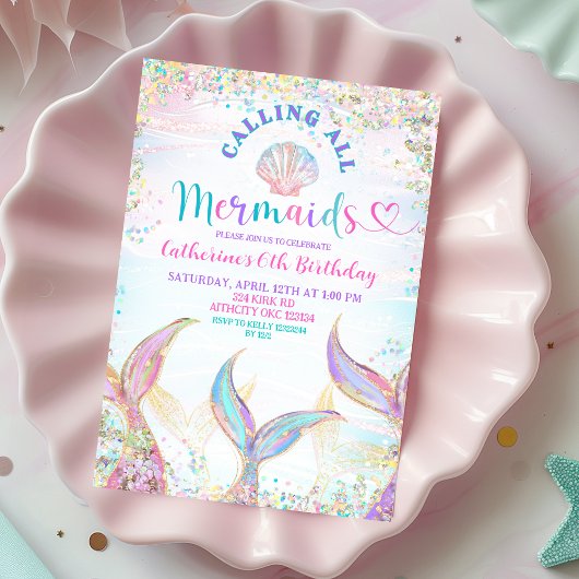 Calling All Mermaids Girl Birthday Invitation. 招待状