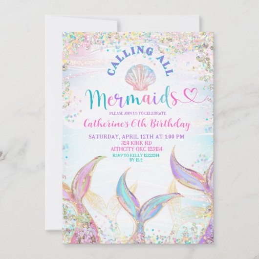 Calling All Mermaids Girl Birthday Invitation. 招待状 (正面)