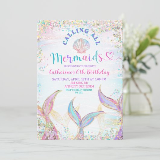 Calling All Mermaids Girl Birthday Invitation. 招待状 (スタンド正面)