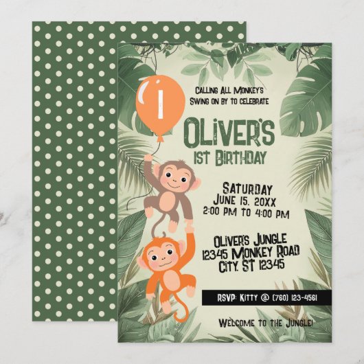 Calling All Monkeys 1st Birthday Invitation  招待状 (正面/裏面)