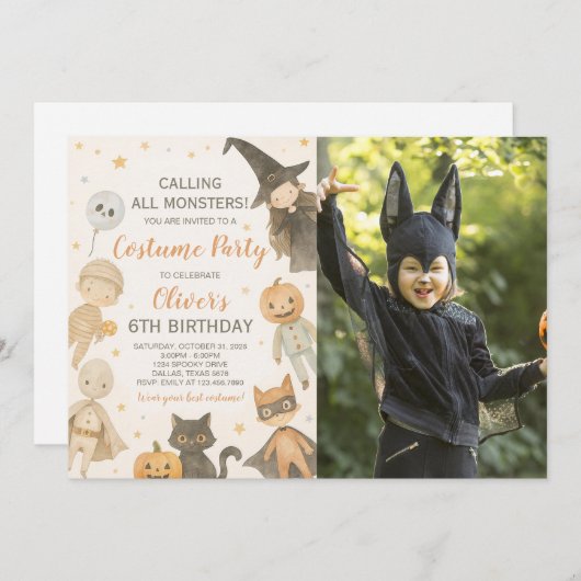 Calling All Monsters Halloween Birthday Photo 招待状 (正面/裏面)