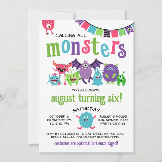 Calling All Monsters Kids Halloween Birthday Party 招待状 (正面)
