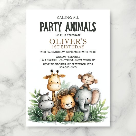 Calling All Party Animals 1st Birthday Party 招待状