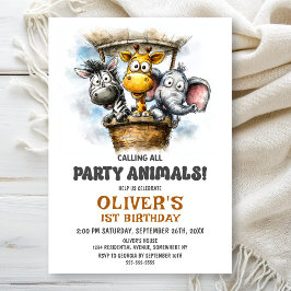 Calling all Party Animals 1st Birthday Party 招待状