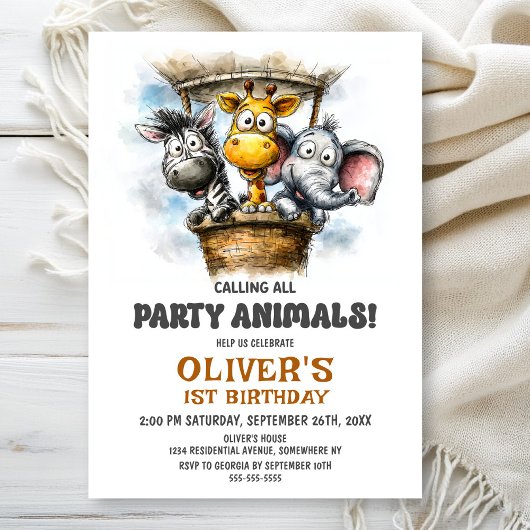 Calling all Party Animals 1st Birthday Party 招待状