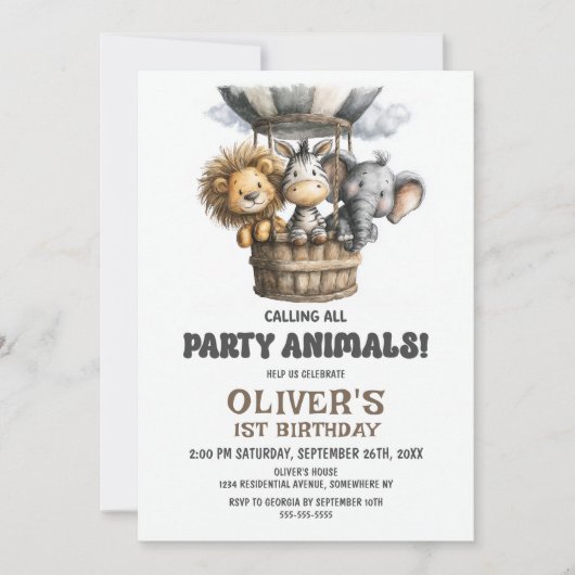 Calling all Party Animals 1st Birthday Party 招待状 (正面)