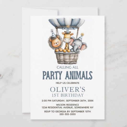 Calling All Party Animals 1st Birthday Party 招待状 (正面)