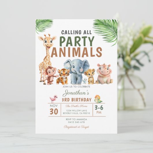 Calling All Party Animals Birthday Safari Party 招待状 (スタンド正面)