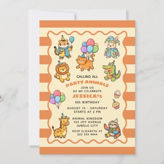 Calling All Party Animals Cute ZOO Kids' Birthday  招待状 (正面)