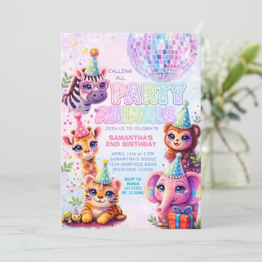 Calling All Party Animals Disco Ball Birthday 招待状 (スタンド正面)