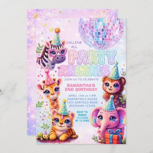 Calling All Party Animals Disco Ball Birthday 招待状 (正面/裏面)