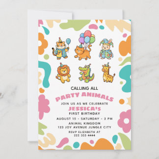 Calling All Party Animals Floral Kids 1st Birthday 招待状