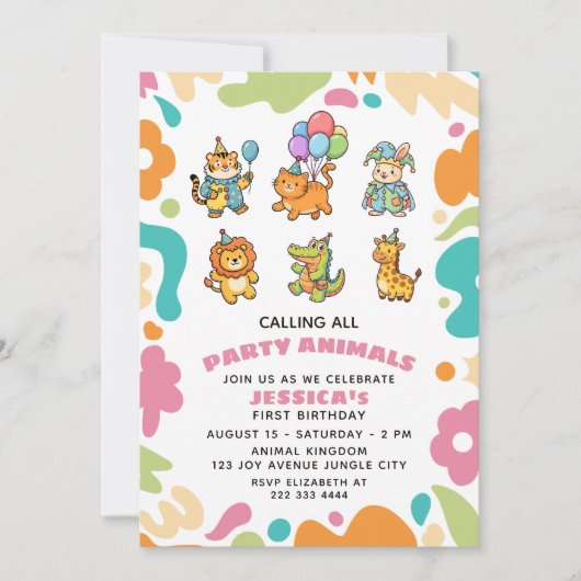 Calling All Party Animals Floral Kids 1st Birthday 招待状 (正面)