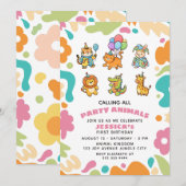 Calling All Party Animals Floral Kids 1st Birthday 招待状 (正面/裏面)