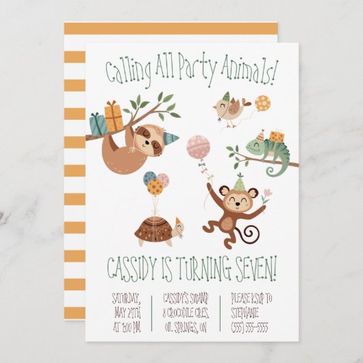 Calling all Party Animals! Fun Birthday Party 招待状 (正面/裏面)