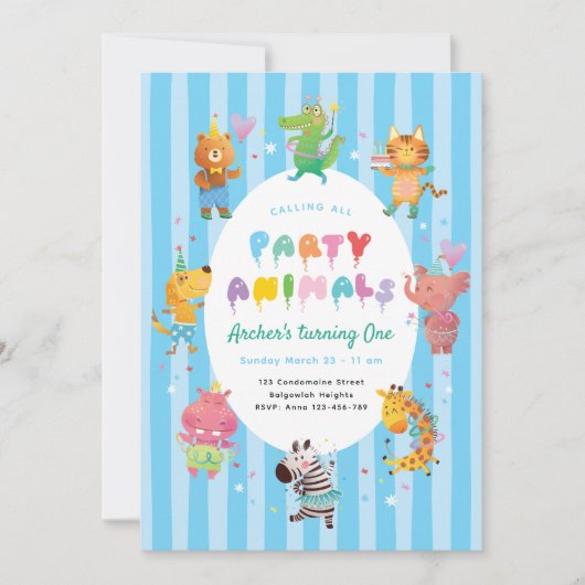 Calling All Party Animals, Kids Animal Theme Party 招待状 (正面)