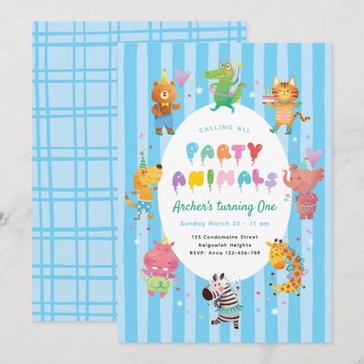 Calling All Party Animals, Kids Animal Theme Party 招待状 (正面/裏面)