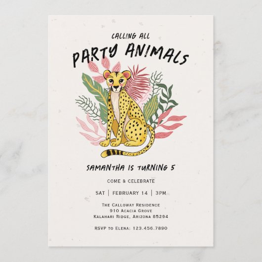 Calling All Party Animals Kids Cheetah Birthday 招待状 (正面)