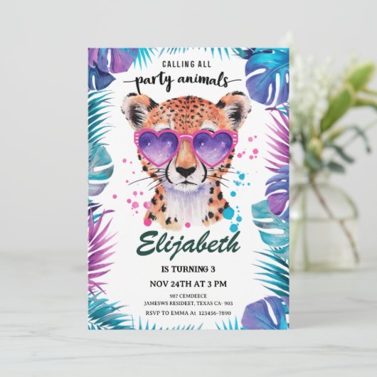 Calling All Party Animals Leopard Birthday 招待状 (スタンド正面)