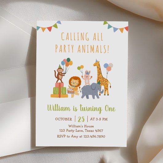 Calling All Party Animals Safari Boy Girl Birthday 招待状