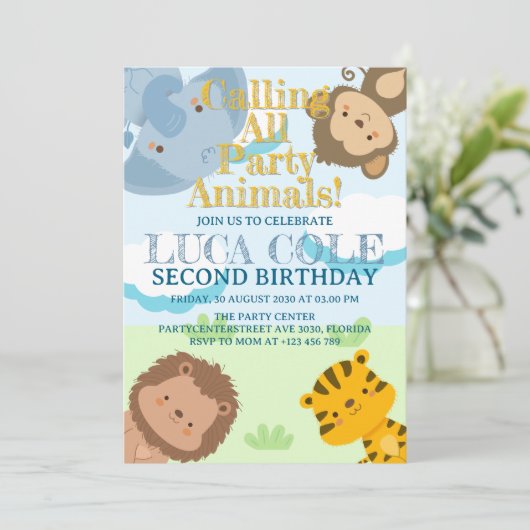 Calling All Party Animals Safari Jungle Birthday 招待状 (スタンド正面)
