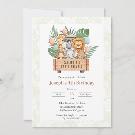 Calling All Party Animals Safari Themed Invitation 招待状 (正面)