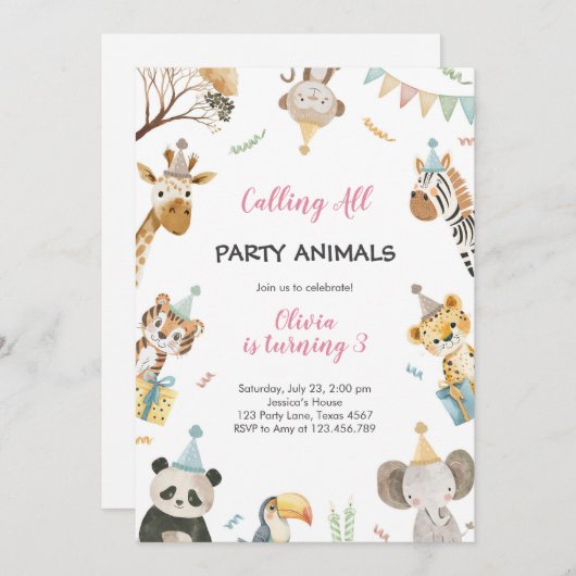 Calling All Party Animals Safari Zoo Birthday 招待状 (正面/裏面)
