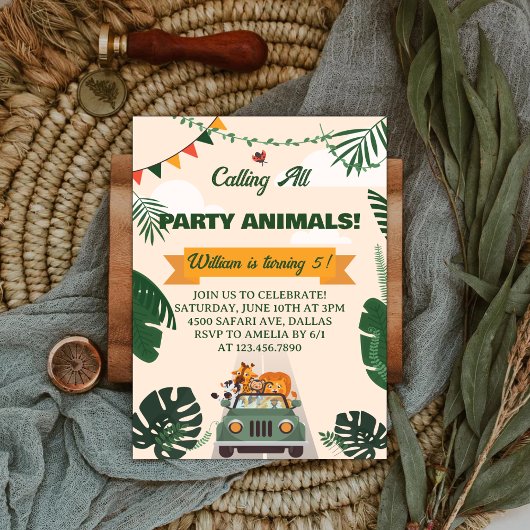 Calling All Party Animals Safari Zoo Birthday 招待状