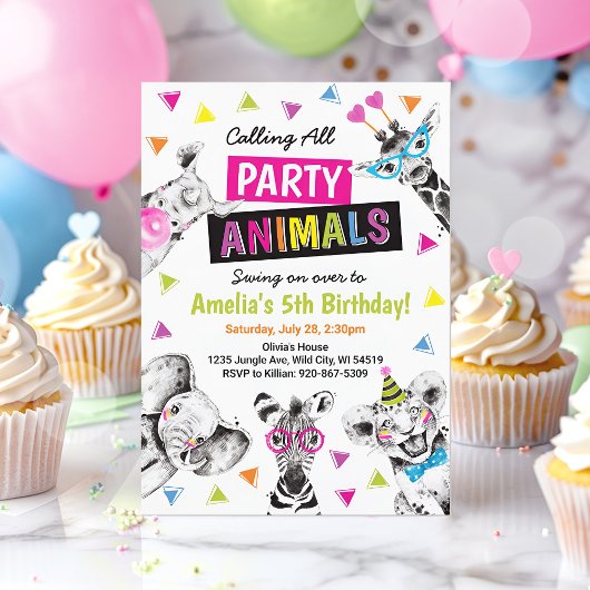 Calling All Party Animals Safari Zoo Kids Birthday 招待状