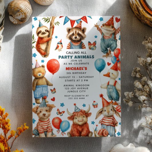 Calling All Party Animals Whimsical Kids Birthday 招待状