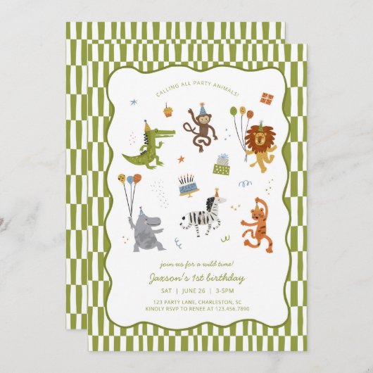 Calling All Party Animals Wild Safari Birthday 招待状 (正面/裏面)