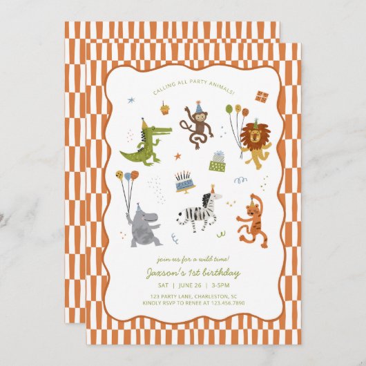 Calling All Party Animals Wild Safari Birthday 招待状 (正面/裏面)