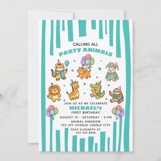 Calling All Party Animals ZOO Kids' 1st Birthday  招待状 (正面)