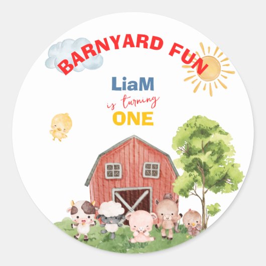 Calling All Party Farm Animals 1st Birthday ラウンドシール (正面)