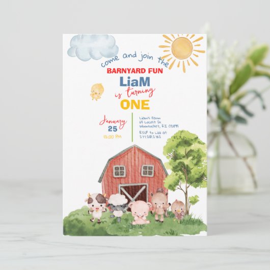 Calling All Party Farm Animals 1st Birthday 招待状 (スタンド正面)