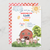 Calling All Party Farm Animals 1st Birthday 招待状 (正面/裏面)