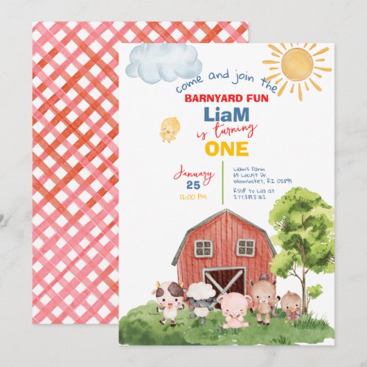 Calling All Party Farm Animals 1st Birthday 招待状 (正面/裏面)