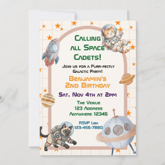 Calling All Space Cadets Astronaut Cat Birthday 招待状