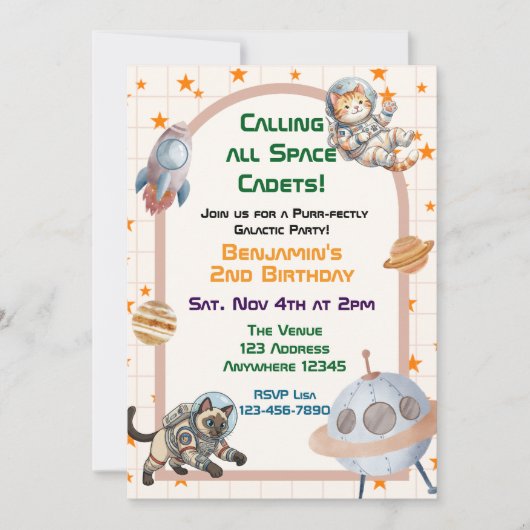 Calling All Space Cadets Astronaut Cat Birthday 招待状 (正面)
