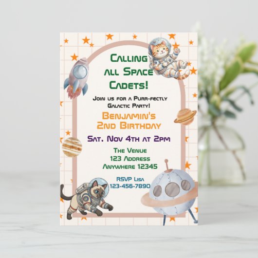 Calling All Space Cadets Astronaut Cat Birthday 招待状 (スタンド正面)