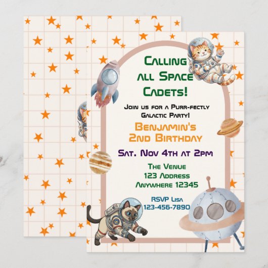 Calling All Space Cadets Astronaut Cat Birthday 招待状 (正面/裏面)