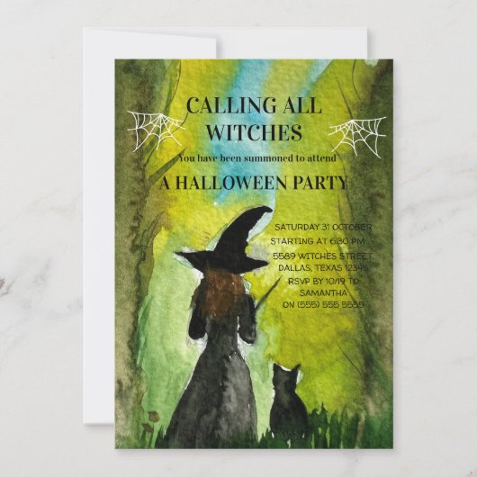 Calling All Witches Black Cat Spooky Halloween 招待状 (正面)