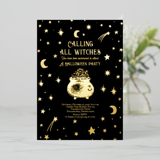 Calling All Witches Celestial Halloween Party 箔招待状 (立ち正面)