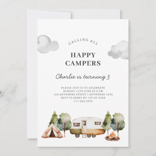 Calling Happy Campers Kid's Birthday Invitation 招待状 (正面)