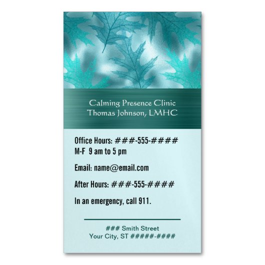 Calmティール(緑がかった色)リーフィーきらめく心理療法またはカウンセラー マグネット名刺 (正面縦)