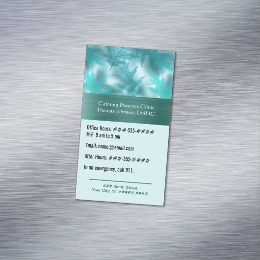 Calmティール（緑がかった色）リーフィーきらめく心理療法またはカウンセラー マグネット名刺 (インサイチュ)