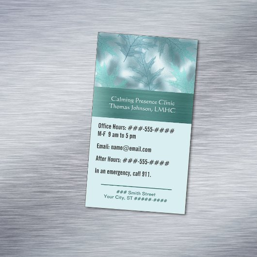 Calmティール（緑がかった色）リーフィーきらめく心理療法またはカウンセラー マグネット名刺