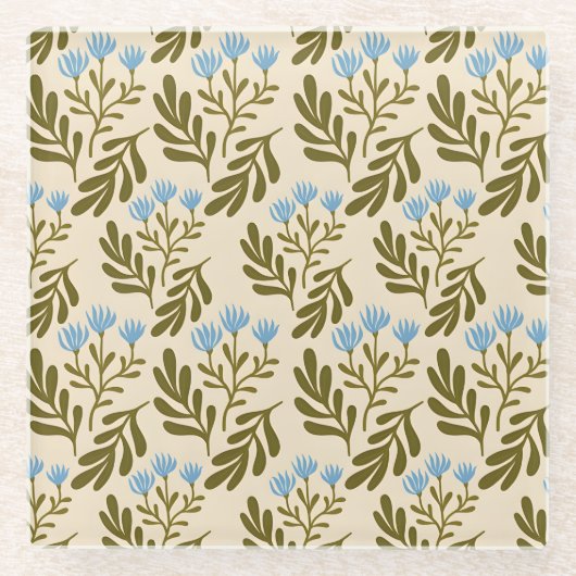  Calm and Natural: Blue Flower Seamless Pattern ガラスコースター (正面)