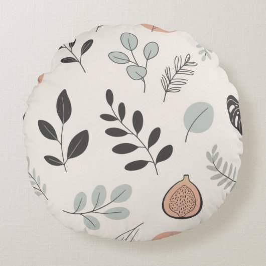 Calm Botanica – Line Art Leaf Throw Pillow ラウンドクッション (正面)